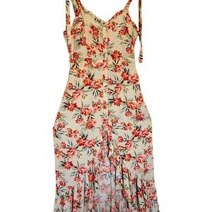 A beautiful soft cotton summer dress. It has a ruffled skirt and covered buttons
